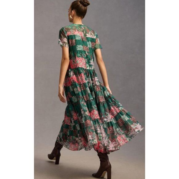 NEW Anthropologie Bhanuni Jyoti Tiered Short-Sleeve Dress Size XXS Green Maxi - Picture 3 of 10